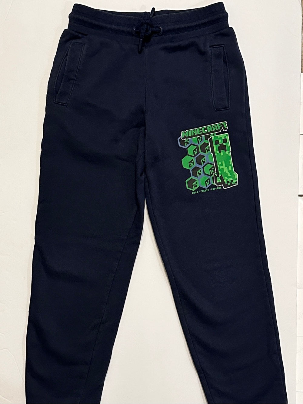 Minecraft blue sweatpants with green creeper graphic for boys in Size 7-8. - Picture 2 of 6